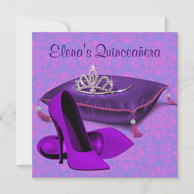 Invitación Zapatos de tacón caliente rosa morado Quinceanera (Anverso)