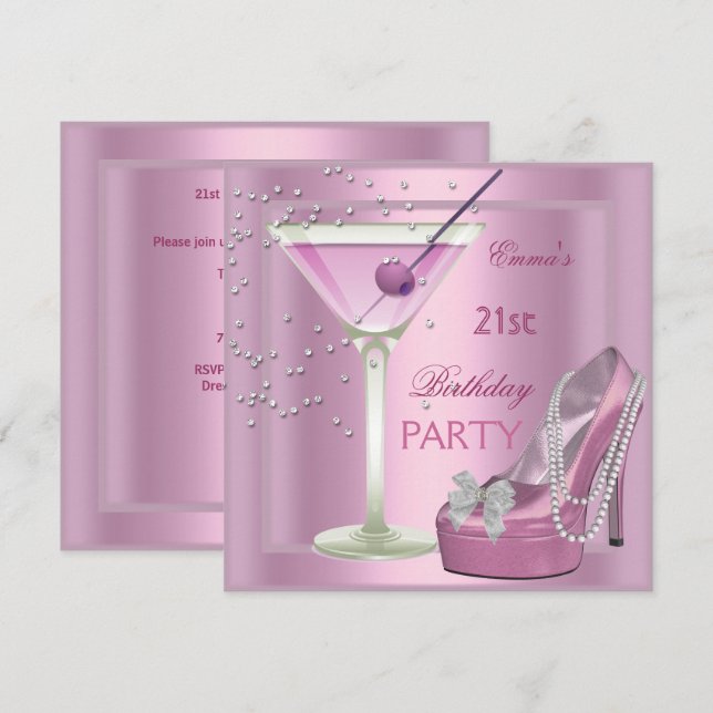 Invitación Zapatos de tacón de martini rosado Fiesta de cumpl (Anverso / Reverso)