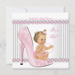 Invitación Zapatos de tacón de tacón de perla rosada de Chica