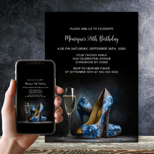 Invitación Zapatos de tacón floral azul elegante para fiesta 