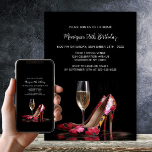 Invitación Zapatos de tacón floral rojo para fiesta de cumple