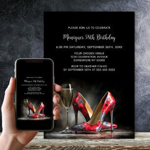 Invitación Zapatos de tacón floral rojo para fiesta de cumple