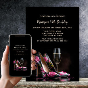 Invitación Zapatos de tacón floral rosa para fiesta de cumple