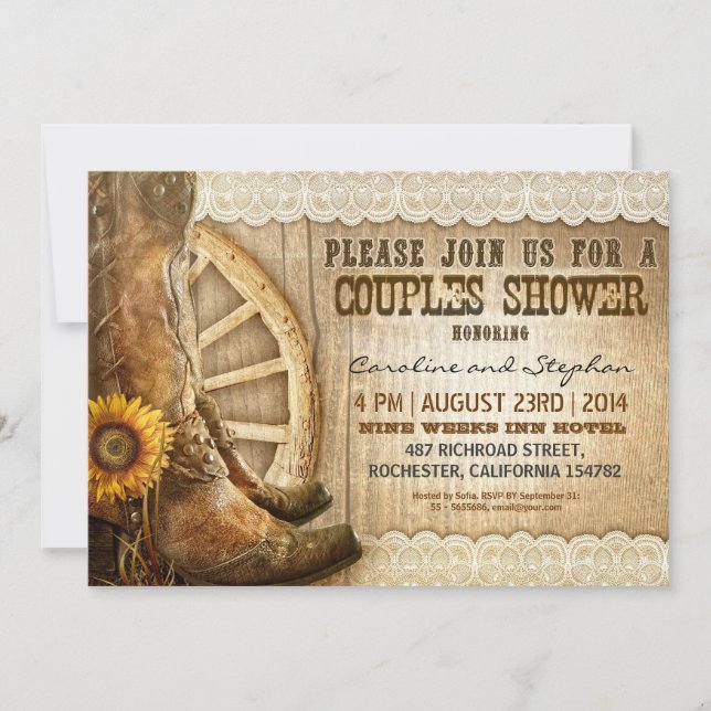 Invitación zapatos de vaquero girasoles de madera de las pare (Anverso)