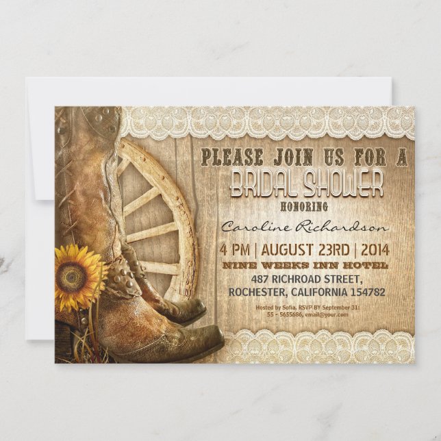 Invitación zapatos de vaquero girasoles madera ducha de novia (Anverso)