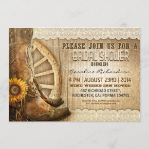 Invitación zapatos de vaquero girasoles madera ducha de novia