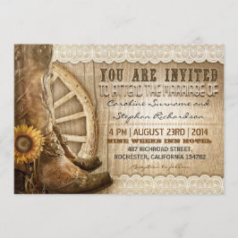Invitación zapatos de vaquero girasoles madera marrón invitac