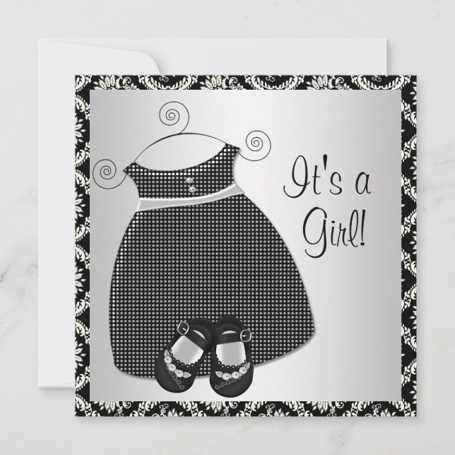 Invitación Zapatos de vestir negro Damask Baby Shower (Anverso)