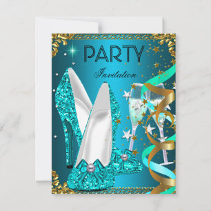 Invitación Zapatos dorados y azules para fiesta de cumpleaños