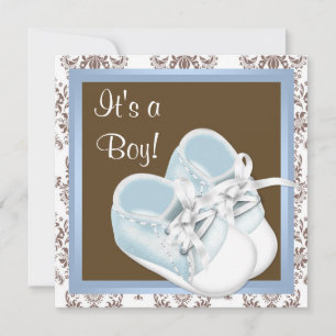 Invitación Zapatos Marrones de Damasco Azul para Bebé Niño en