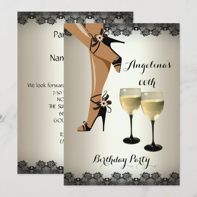 Invitación Zapatos Negros Copa de Vino de Cumpleaños Fiesta C (Anverso / Reverso)
