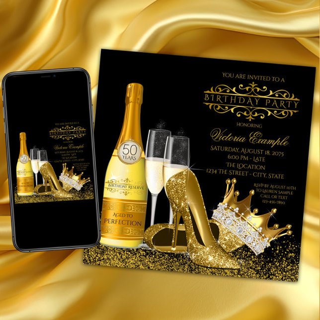 Invitación Zapatos Negros de Tacón Alto de Oro para Niña Cump (Woman black and gold birthday party invitation with gold high heel shoes, crown and champagne. Any #)