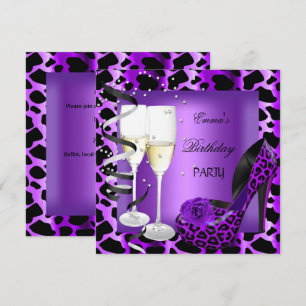 Invitación Zapatos Negros Leopardo Morado Fiesta de Cumpleaño