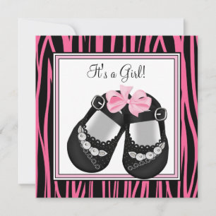 Invitación Zapatos Negros Rosa Zebra Rosa Caliente Baby Showe