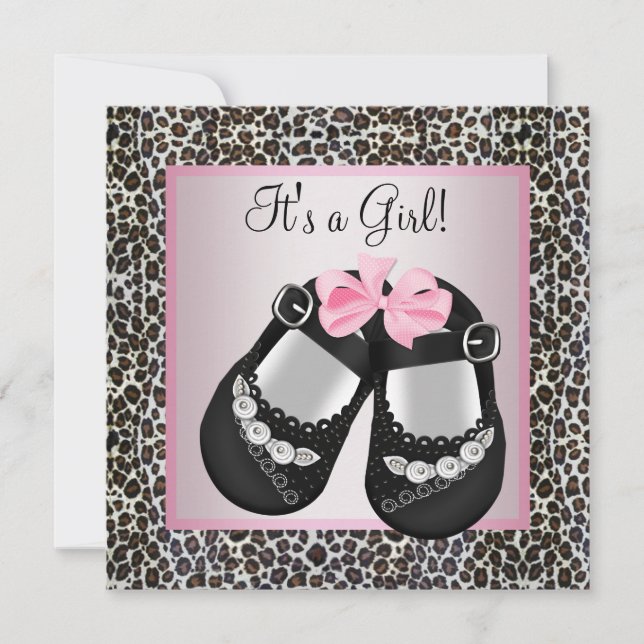 Invitación Zapatos negros rosados Leopardo rosa Beber ducha (Anverso)