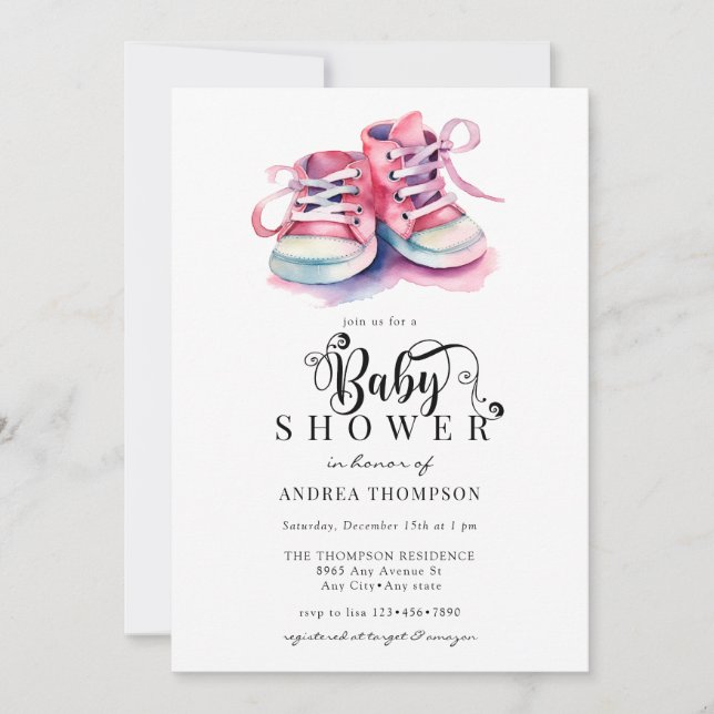 Invitación Zapatos para bebés | Chica rosa Baby Shower (Anverso)