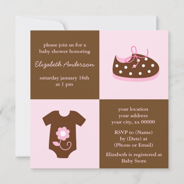 Invitación Zapatos para bebés rosados y equipar Baby Shower (Anverso)