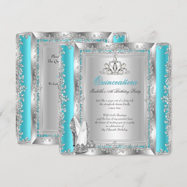 Invitación Zapatos Plateados Turquesa para Fiesta de Cumpleañ (Anverso / Reverso)