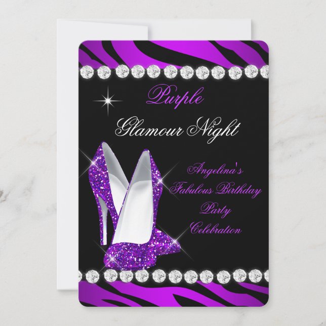 Invitación Zapatos Purpurinas de cebra nocturna de glamour mo (Anverso)