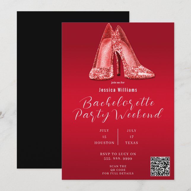 INVITACIÓN ZAPATOS ROJOS CON BRILLO EN FORMA DE CÓDIGO QR DES (Anverso / Reverso)
