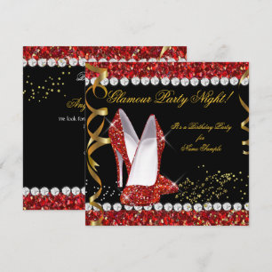 Invitación Zapatos rojos con purpurina dorado negro para noch