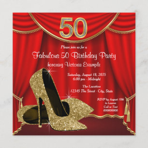 Invitación Zapatos Rojos de Tacón Alto de Oro Cumpleaños 50