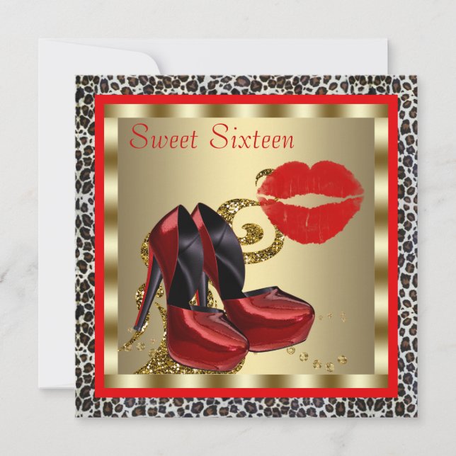 Invitación Zapatos rojos de tacón alto Leopard Cumpleaños Swe (Anverso)