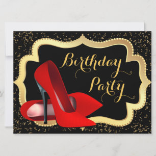 Invitación Zapatos Rojos de Tacón Alto Negros y Dorados Fiest
