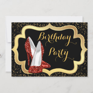 Invitación Zapatos Rojos de Tacón Alto Negros y Dorados Fiest