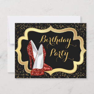 Invitación Zapatos Rojos de Tacón Alto Negros y Dorados Fiest