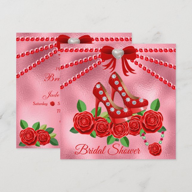 Invitación Zapatos Rojos, Joyas Y Ducha De Novias De Flores R (Anverso / Reverso)