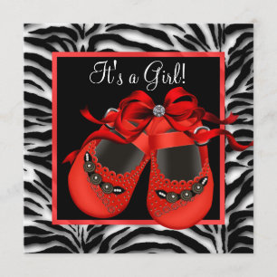 Invitación Zapatos Rojos Negros Ducha de Bebé Niña Cebra Roja