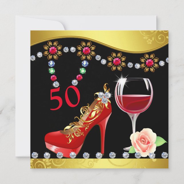 Invitación Zapatos rojos, vino y joyas 50 cumpleaños (Anverso)
