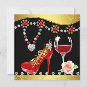 Invitación Zapatos rojos, vino y joyas ducha de novia