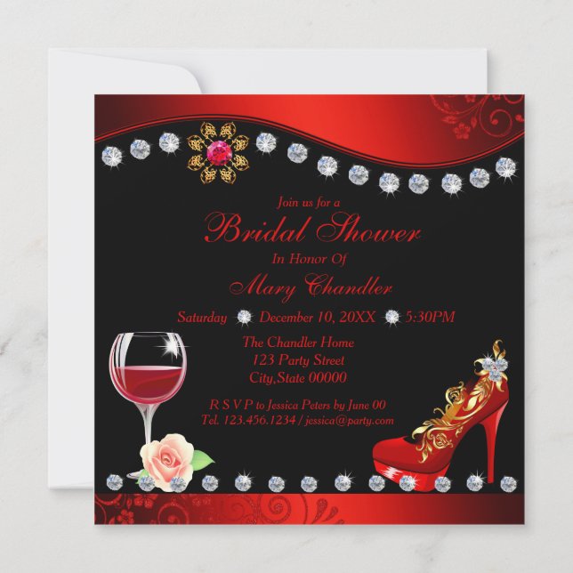 Invitación Zapatos rojos, vino y joyas ducha negra de novia r (Reverso)