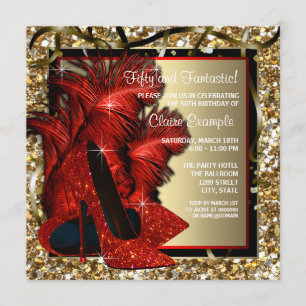 Invitación Zapatos Rojos y Dorados de Tacón Alto de Mujer Fie