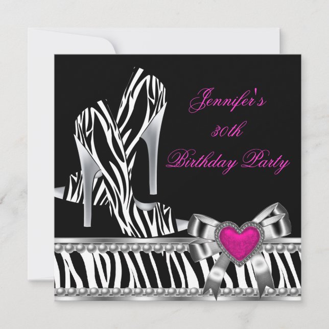 Invitación Zapatos Rosa Cumpleaños 30 Fiesta Cebra Negro (Anverso)