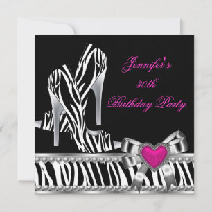 Invitación Zapatos Rosa Cumpleaños 30 Fiesta Cebra Negro