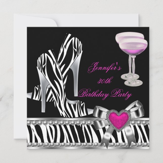 Invitación Zapatos Rosa Fiesta de Cumpleaños 30 Cebra Champán (Anverso)