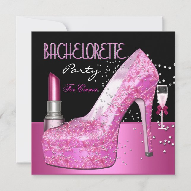 Invitación Zapatos rosados con lápiz labial de la Bachelorett (Anverso)