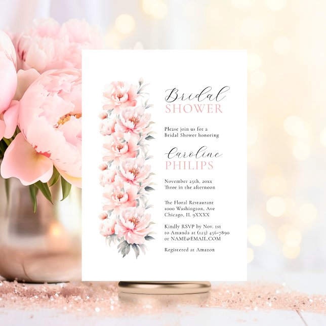 Invitación ZAPATURA Rubor Pink BRIDAL (Unique Floral Peonies Blush Pink BRIDAL SHOWER Invitation)