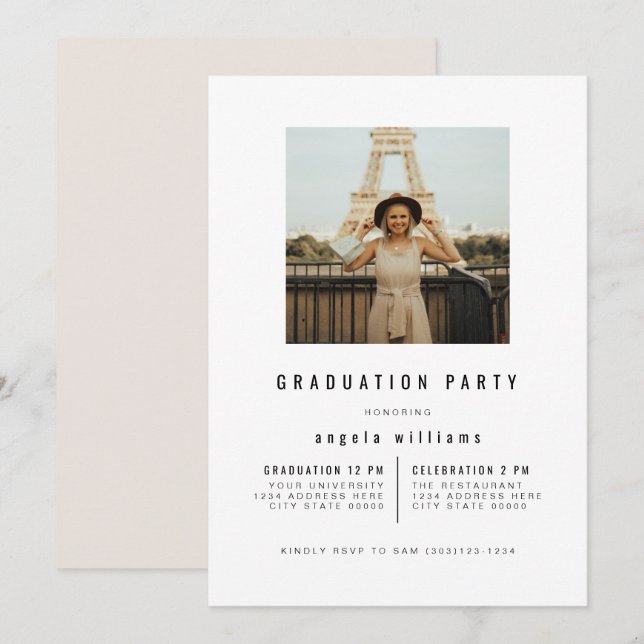 Invitación ZARA Moderna graduación Minimalista de fotografía  (Anverso / Reverso)