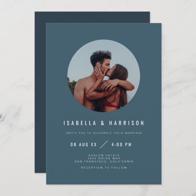 Invitación ZARA Moderno Boda de fotografía azul en la pizarra (Anverso / Reverso)