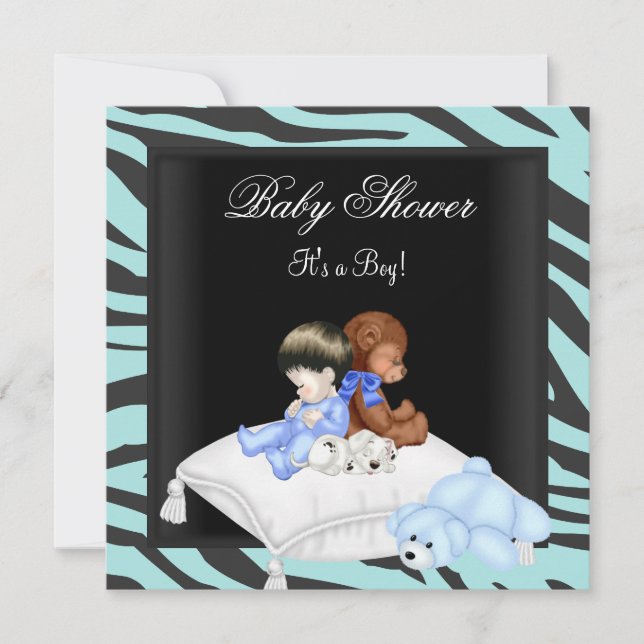 Invitación Zebra Baby Shower Boy Blue Black Crown Prince (Anverso)