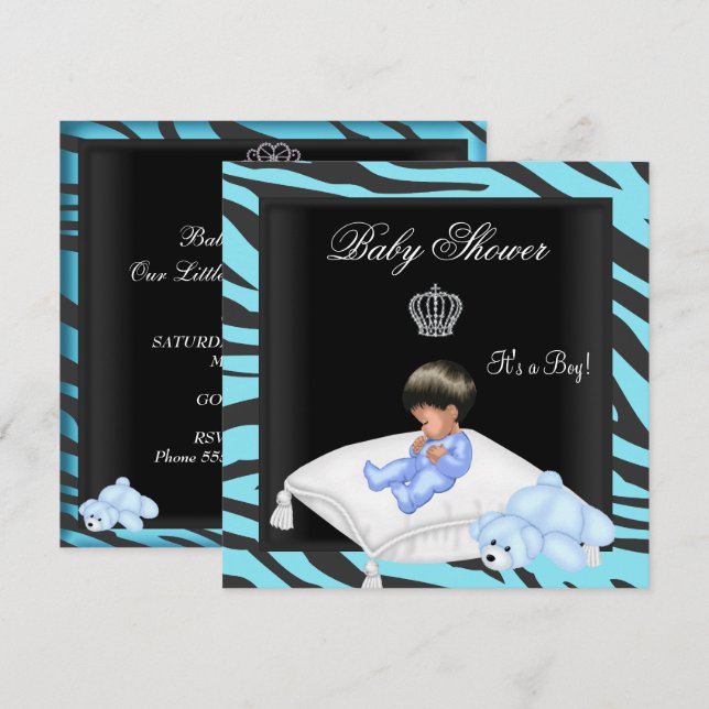Invitación Zebra Baby Shower Boy Blue Black Crown Prince (Anverso / Reverso)