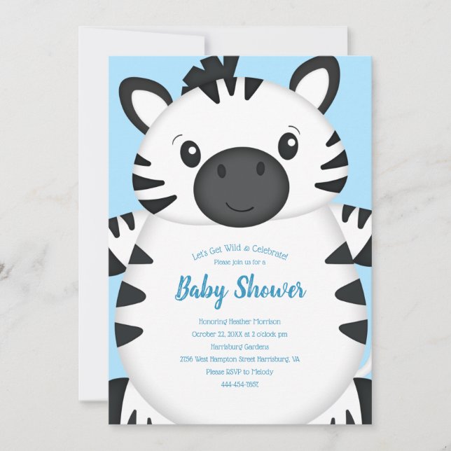 Invitación Zebra Baby Shower Safari Blue Boy (Anverso)