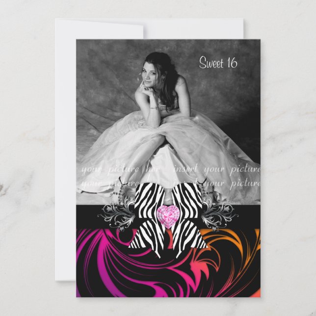 Invitación Zebra Bow Sweet 16 Fiesta foto Naranja morado (Anverso)