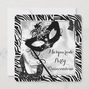 Invitación Zebra de Blanco y Negro Máscara Quinceañera Tacón 