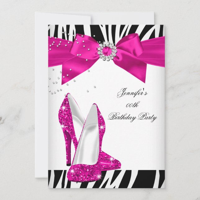 Invitación Zebra Hot Pink High Heel Shoe Black Birthday Bow (Anverso)
