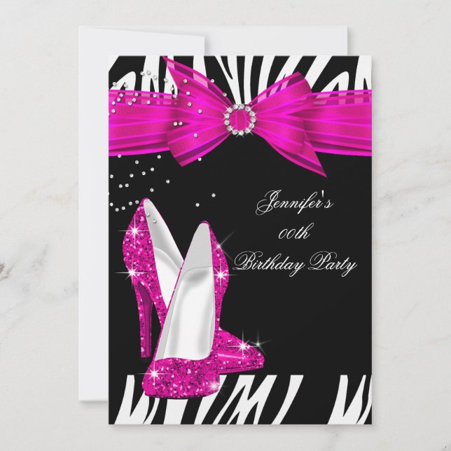 Invitación Zebra Hot Pink High Heel Shoel Black Birthday 3 (Anverso)